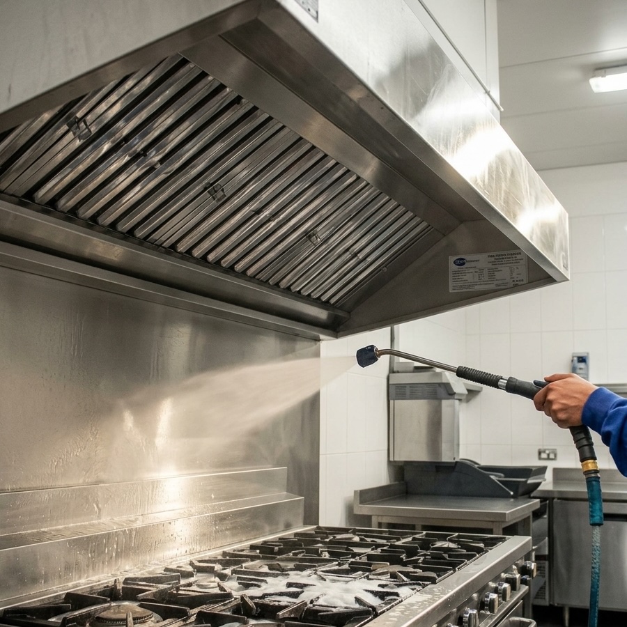 High-pressure washing of a commercial exhaust hood
